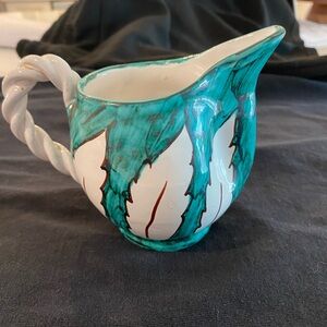 Handcrafted Ceramic Pitcher with Green Leaf Design Made in Italy